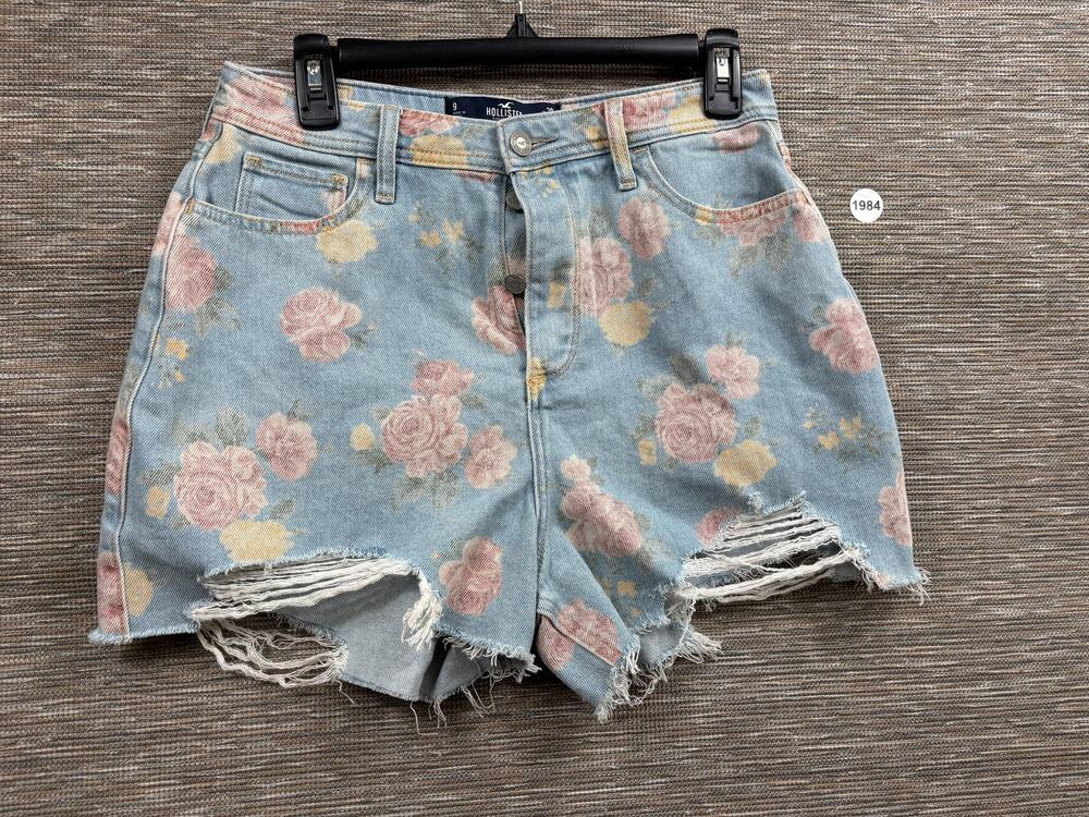 Hollister Shorts Juniors 9 Blue Floral Denim Curvy High Rise Mom Frayed Hem